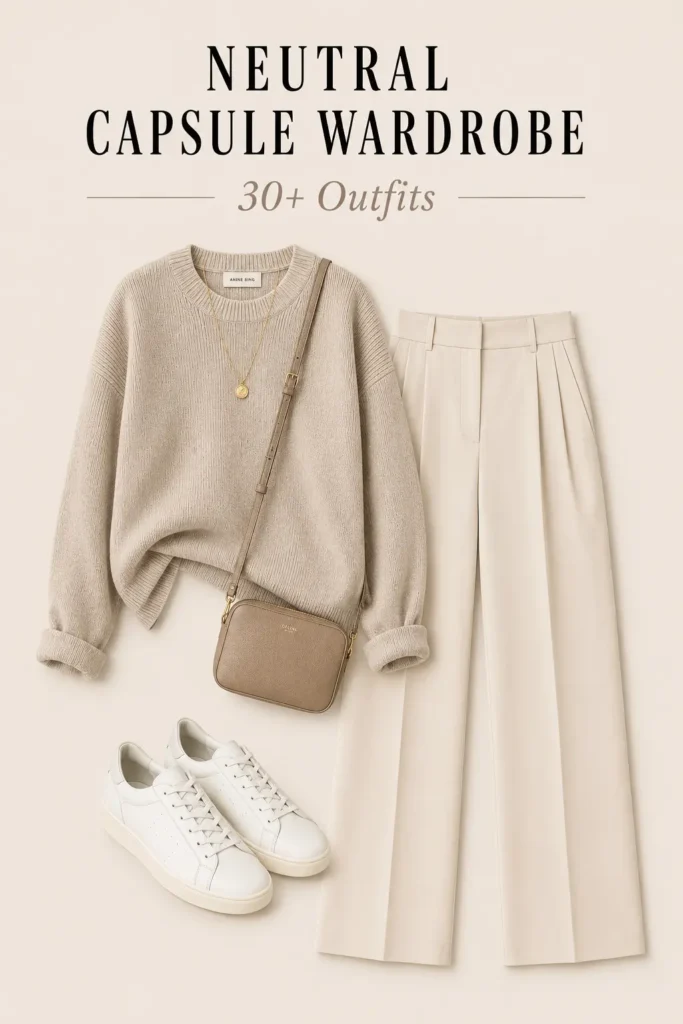 Neutral capsule wardrobe outfit with beige knit sweater, tailored trousers, white sneakers and crossbody bag
