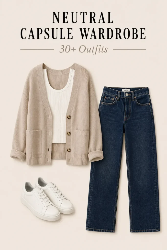 Casual neutral capsule wardrobe outfit with tank top, beige cardigan, dark jeans and white sneakers