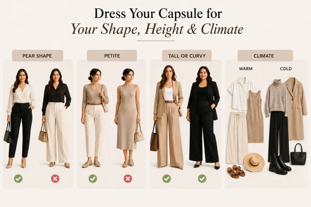 Neutral capsule wardrobe styling guide for pear shape, petite, tall or curvy body types and warm or cold climates