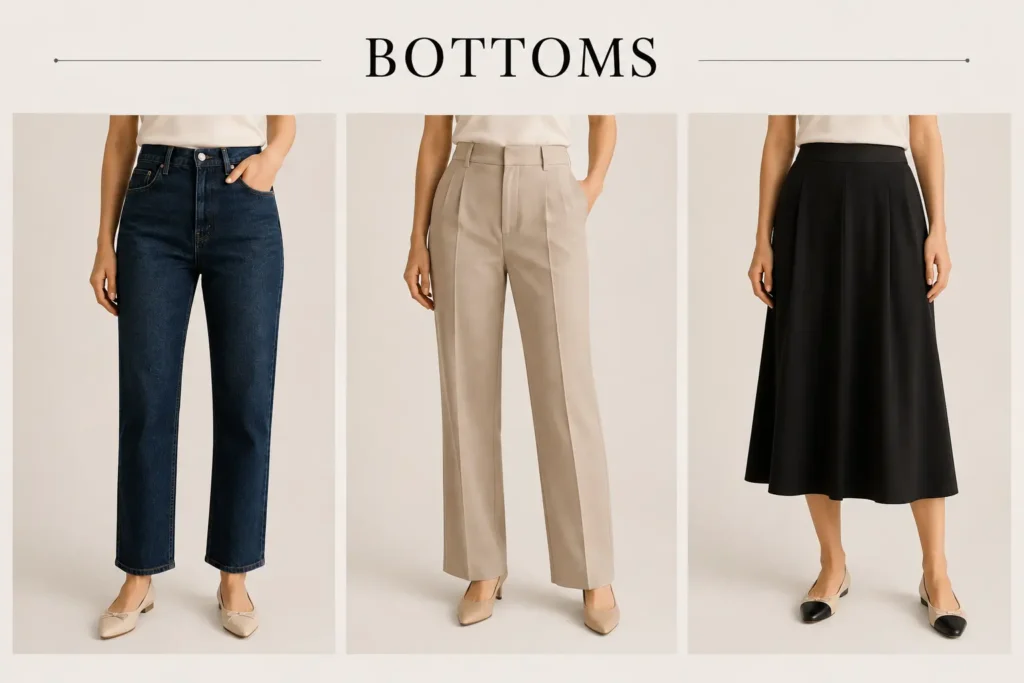 Neutral capsule wardrobe bottoms with straight-leg jeans, tailored trousers and black midi skirt