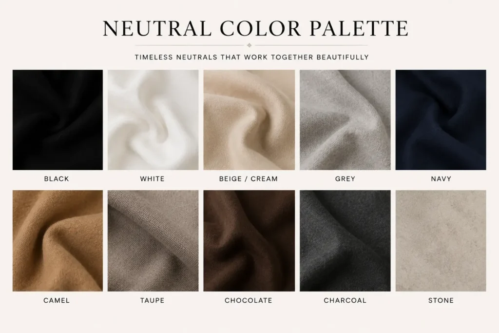 Neutral capsule wardrobe color palette with black, white, cream, grey, navy, camel, taupe, chocolate, charcoal and stone