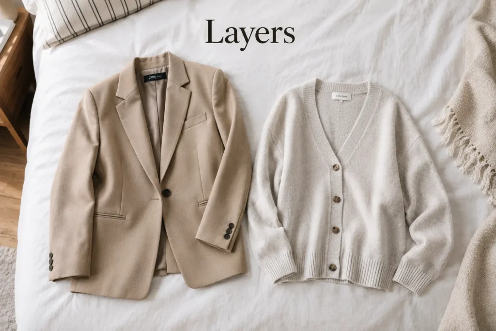 Neutral capsule wardrobe layers with structured blazer and relaxed knit cardigan