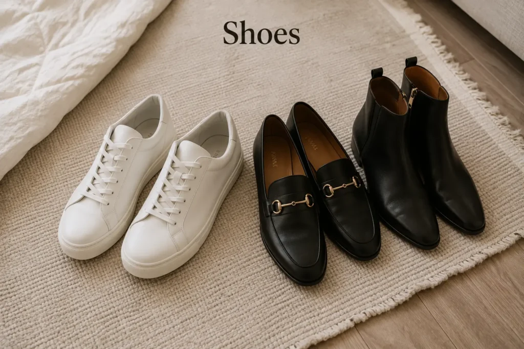 Neutral capsule wardrobe shoes with white leather sneakers, black loafers and ankle boots