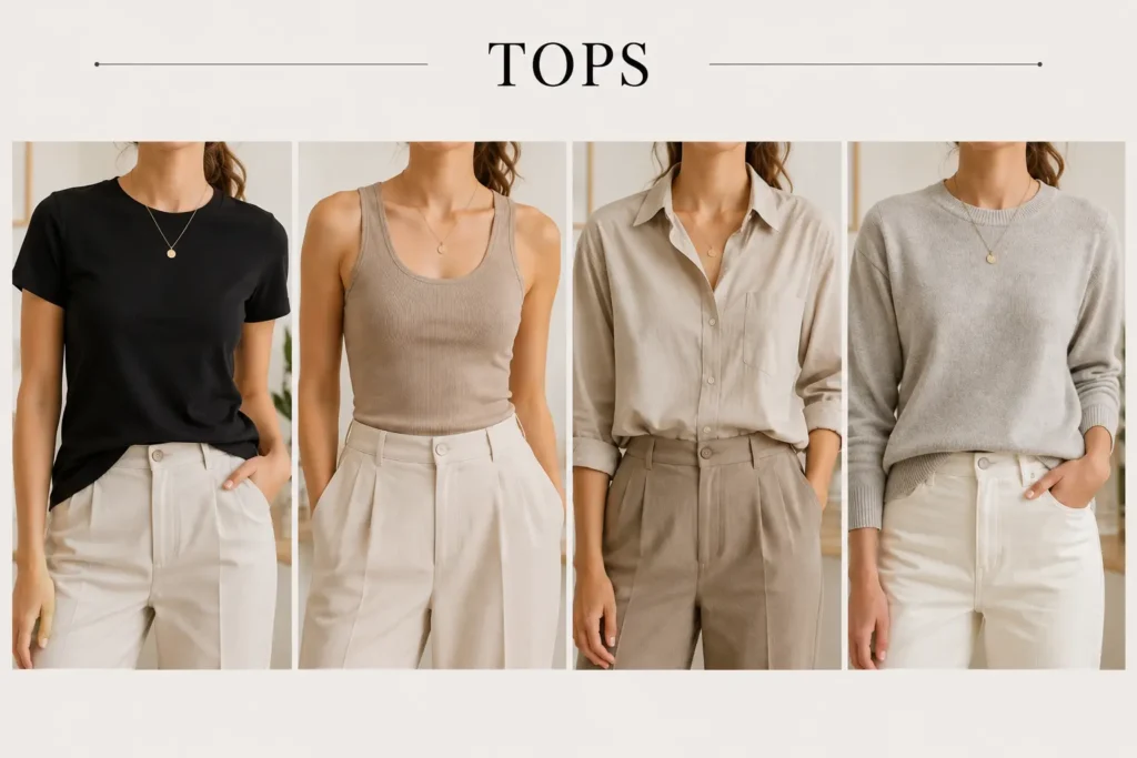 Neutral capsule wardrobe tops with white tee, fitted tank, button-down shirt and knit sweater