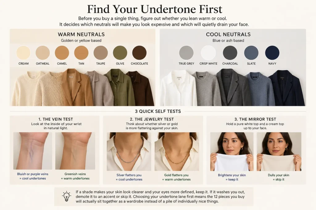 Warm and cool undertone guide for choosing flattering neutral capsule wardrobe colors