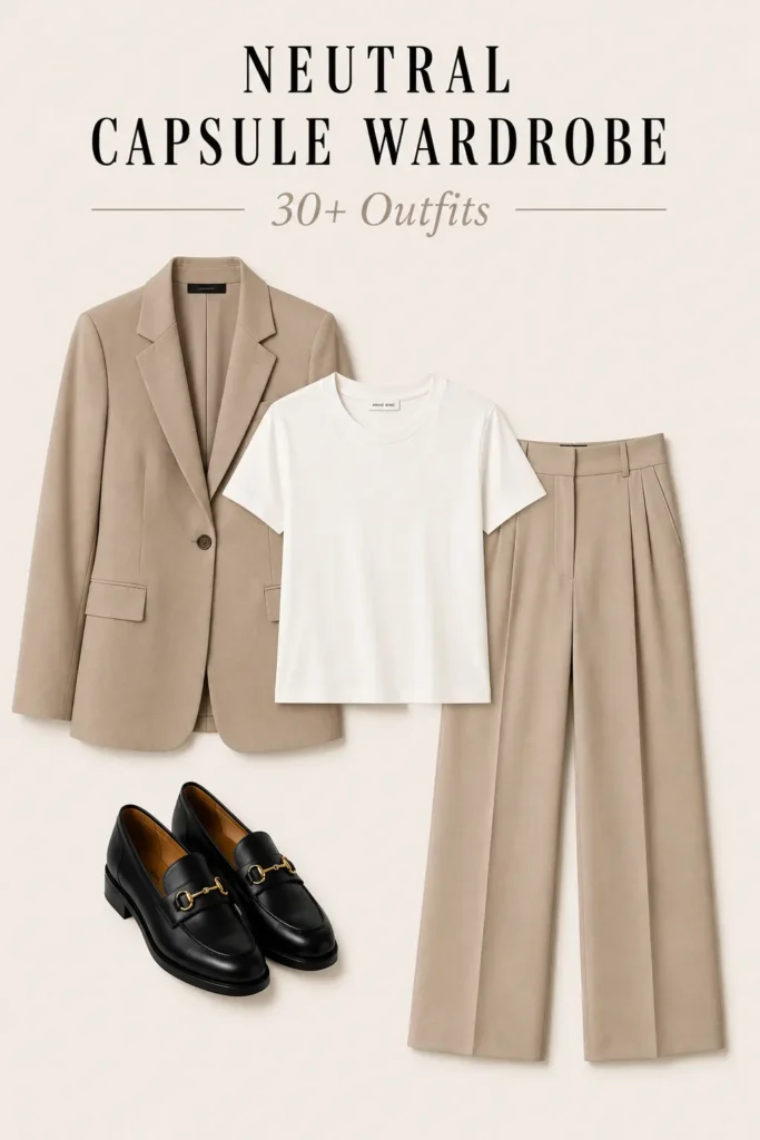 Neutral capsule wardrobe outfit with white tee, beige blazer, tailored trousers and black loafers