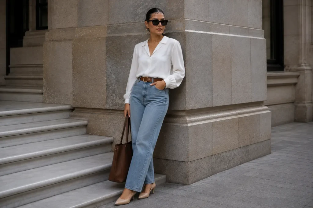 Project 333 smart casual outfit with blouse, jeans, heels and structured tote bag