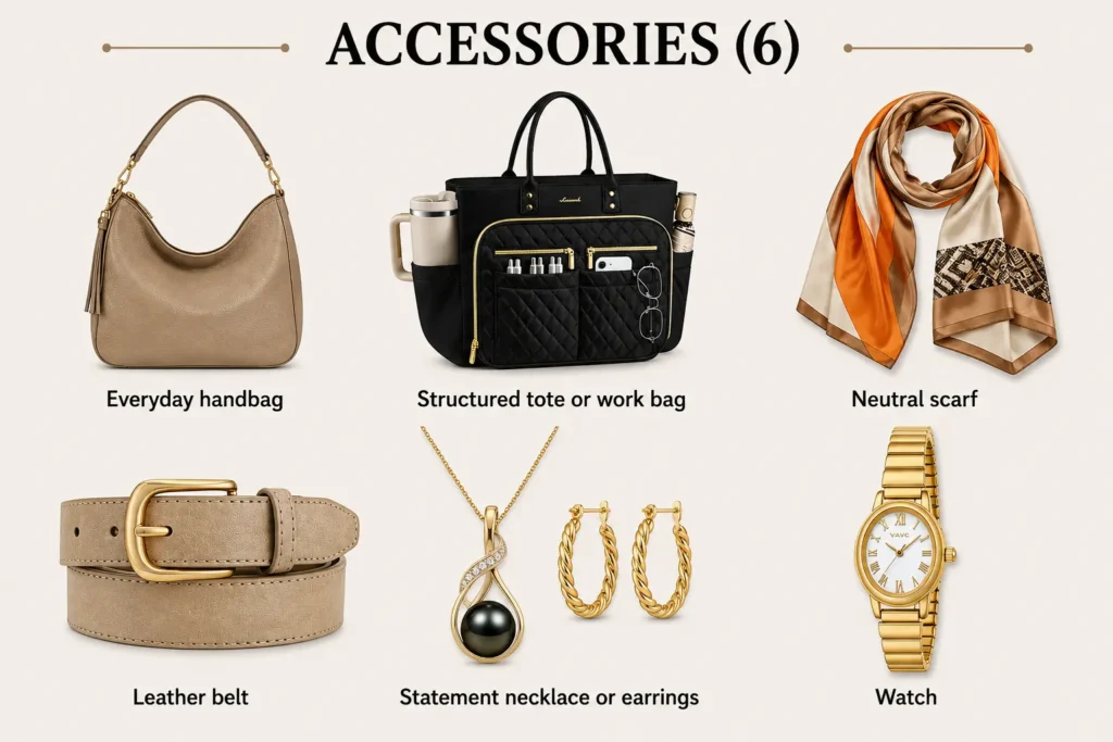 Project 333 wardrobe accessories including handbag, work tote, scarf, belt, statement jewelry and watch