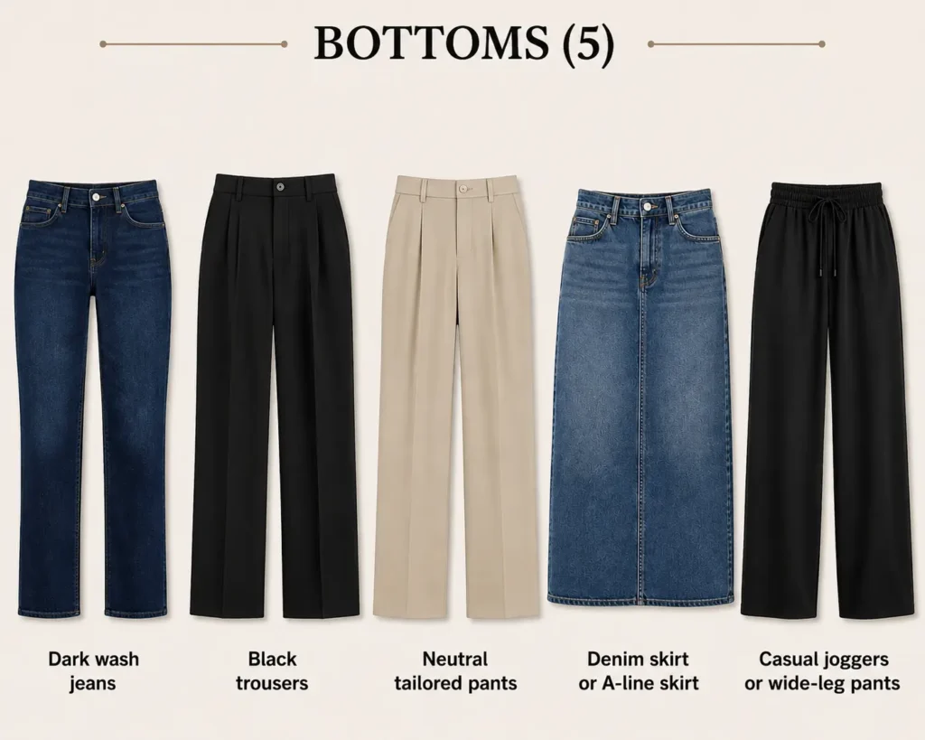 Project 333 wardrobe bottoms with jeans, black trousers, neutral tailored pants, denim skirt and casual pants