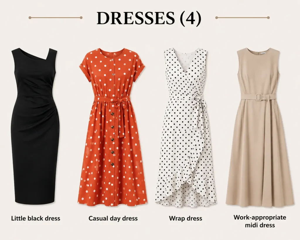 Project 333 capsule wardrobe dresses including little black dress, casual day dress, wrap dress and work midi dress