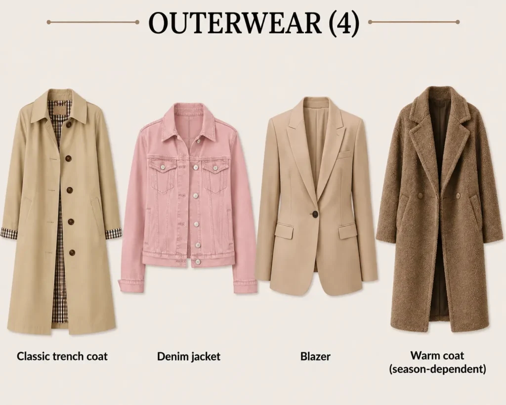 Project 333 wardrobe outerwear with trench coat, denim jacket, blazer and warm coat