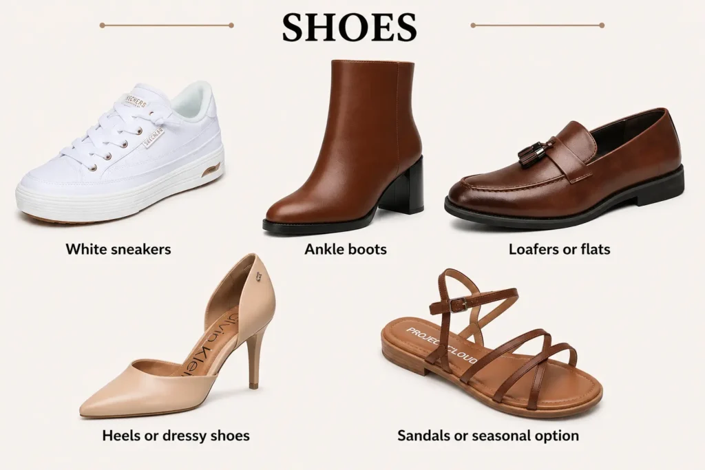 Project 333 capsule wardrobe shoes including white sneakers, ankle boots, loafers, heels and sandals
