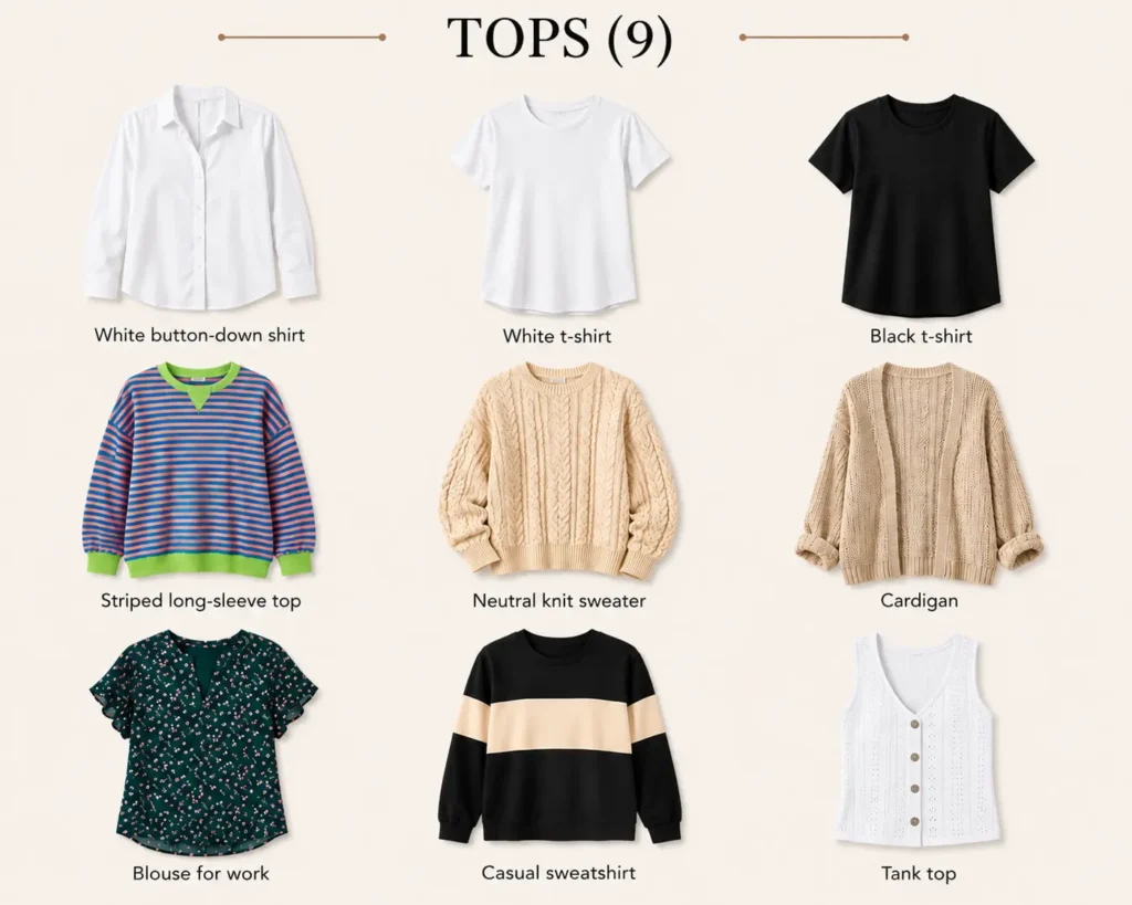 Project 333 capsule wardrobe tops including T-shirts, sweaters, cardigan, blouse and button-down shirt