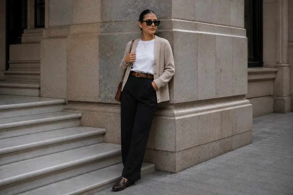 Project 333 everyday outfit with neutral cardigan, white T-shirt, black trousers and loafers