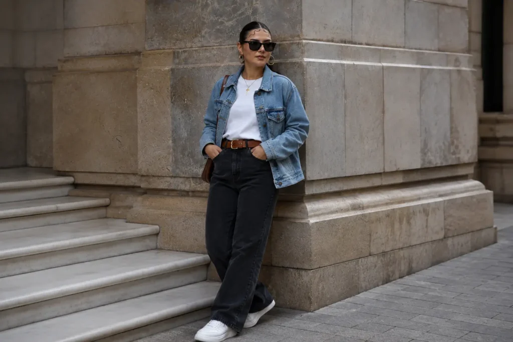 Project 333 casual outfit with white T-shirt, dark jeans, denim jacket and white sneakers