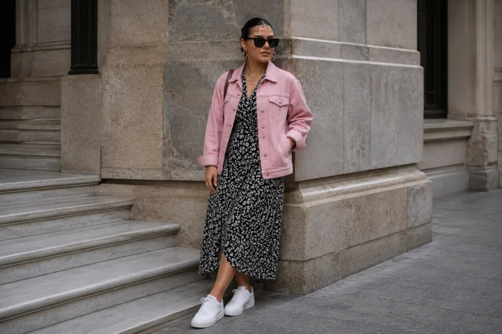 Project 333 day dress outfit styled with a pink denim jacket and white sneakers
