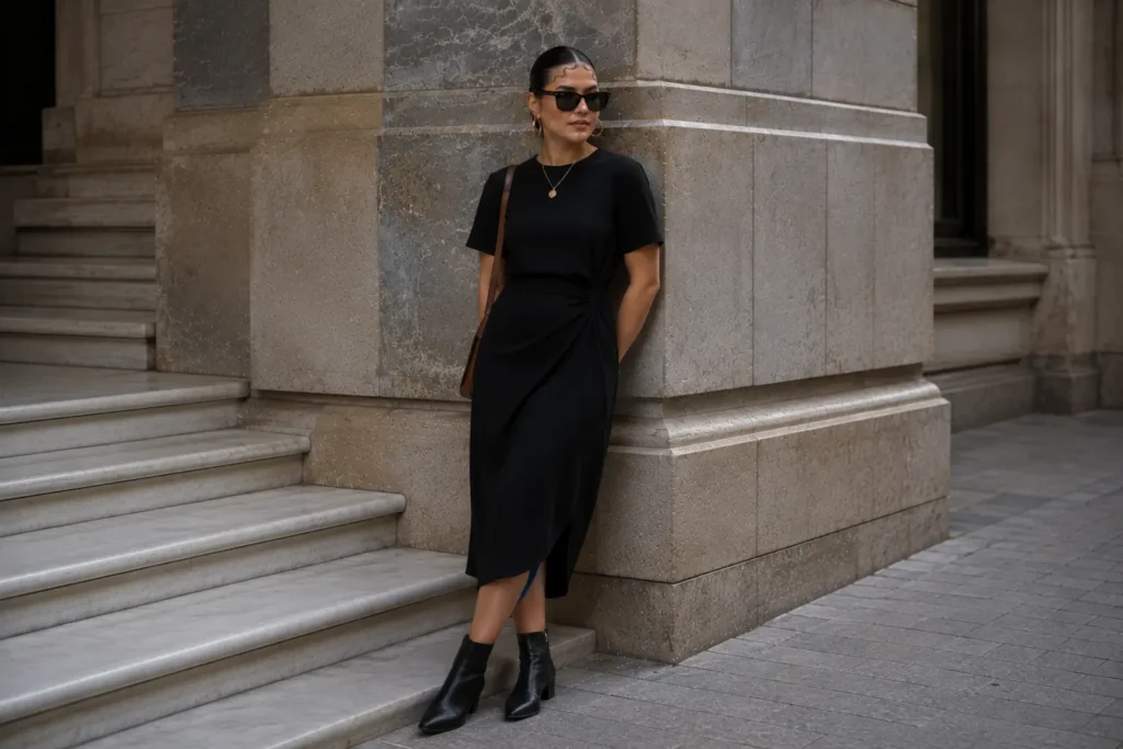 Project 333 outfit with a little black dress, ankle boots and statement jewelry