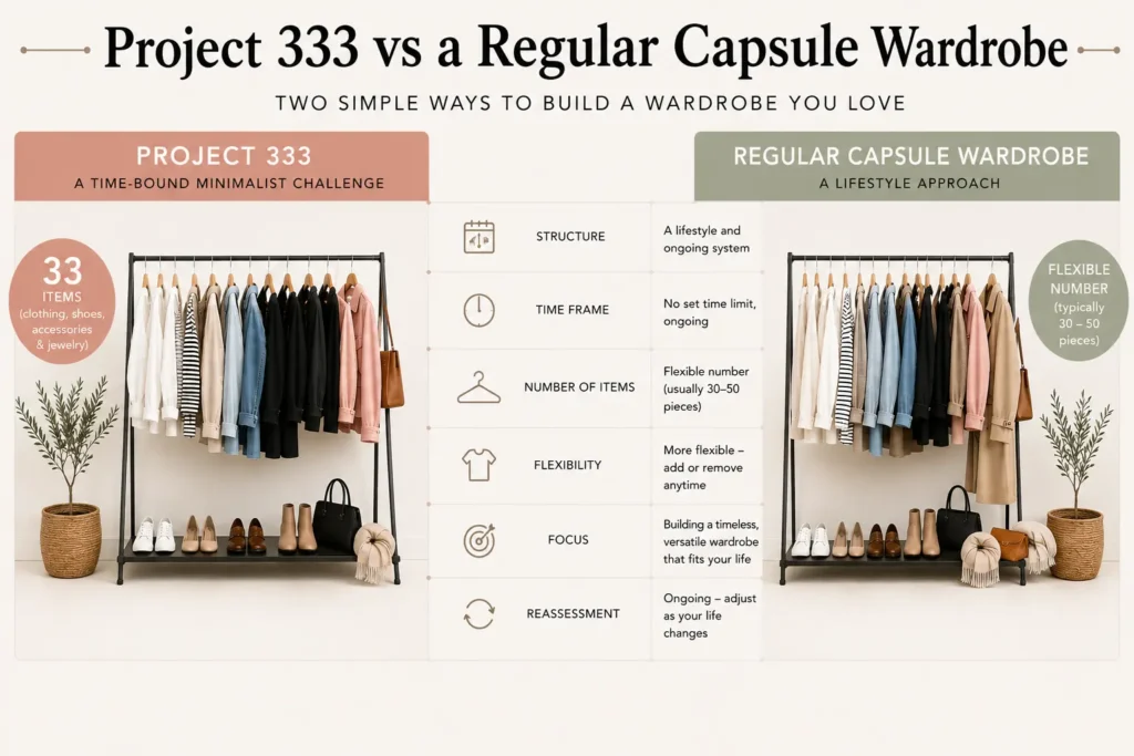 Project 333 vs regular capsule wardrobe comparison showing differences in item limits, time frame and flexibility