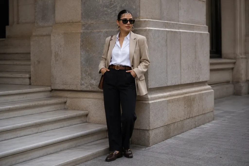 Project 333 work outfit with black trousers, white button-down shirt, blazer and loafers