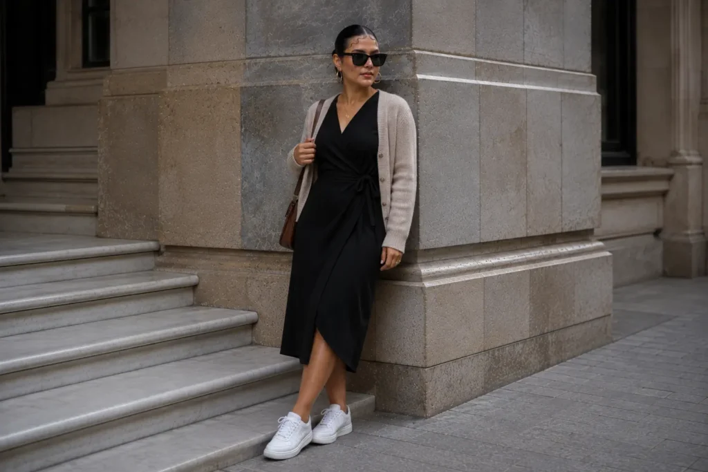 Project 333 capsule wardrobe outfit with wrap dress, neutral cardigan and white sneakers