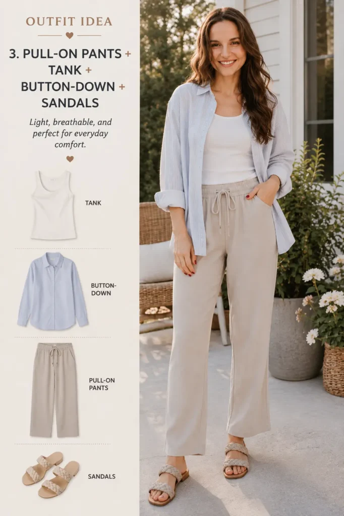 Comfortable mom outfit with pull-on pants, tank, casual button-down shirt and sandals