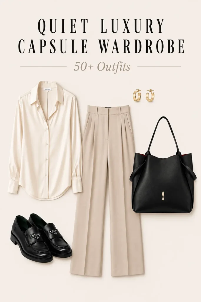 Quiet luxury silk blouse and tailored trousers outfit with black loafers, structured tote and gold earrings