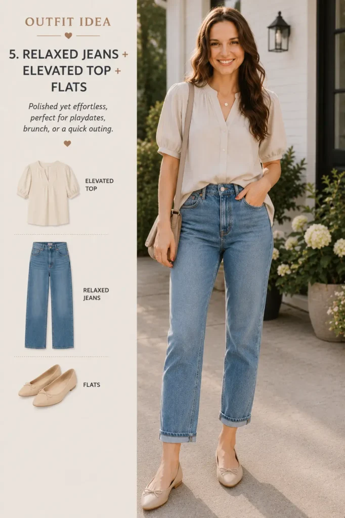Polished casual mom outfit with relaxed jeans, elevated top and comfortable flats
