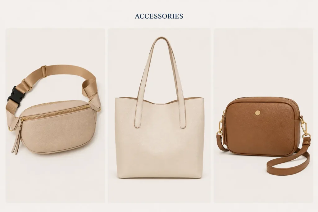 Practical stay-at-home mom capsule wardrobe accessories with a hands-free bag, tote and crossbody bag