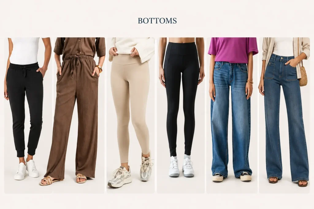 Stay-at-home mom capsule wardrobe bottoms with jeans, leggings, joggers and comfortable pull-on pants