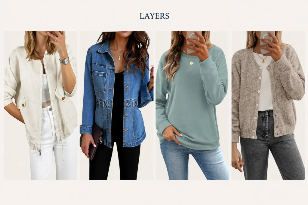 Stay-at-home mom capsule wardrobe layers with cardigan, sweatshirt, denim jacket and lightweight jacket