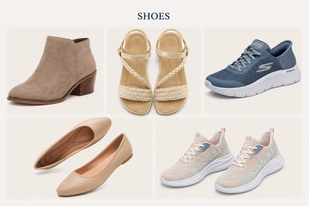 Comfortable shoes for a stay-at-home mom capsule wardrobe including sneakers, flats, sandals and ankle boots