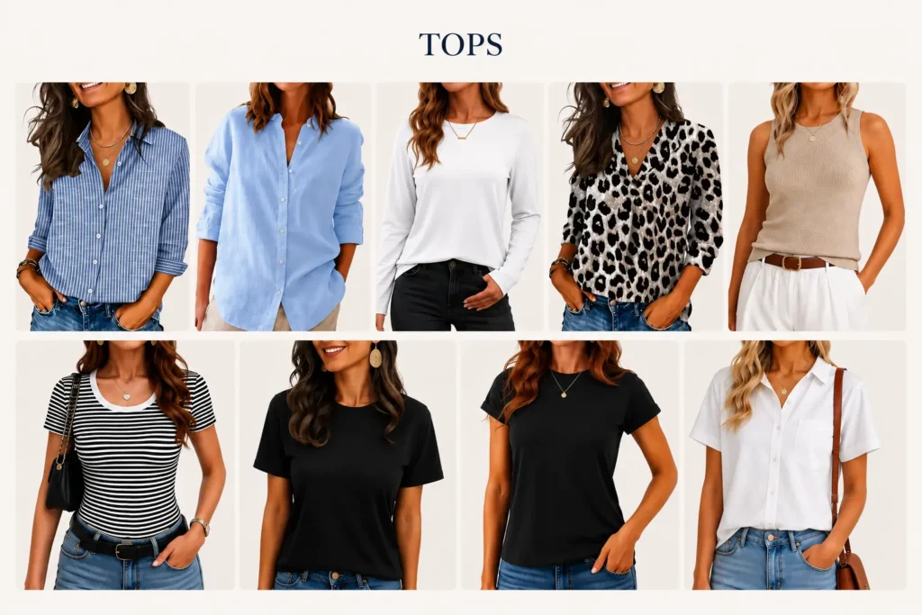 Stay-at-home mom capsule wardrobe tops with basic tees, striped top, tank and casual button-down shirts