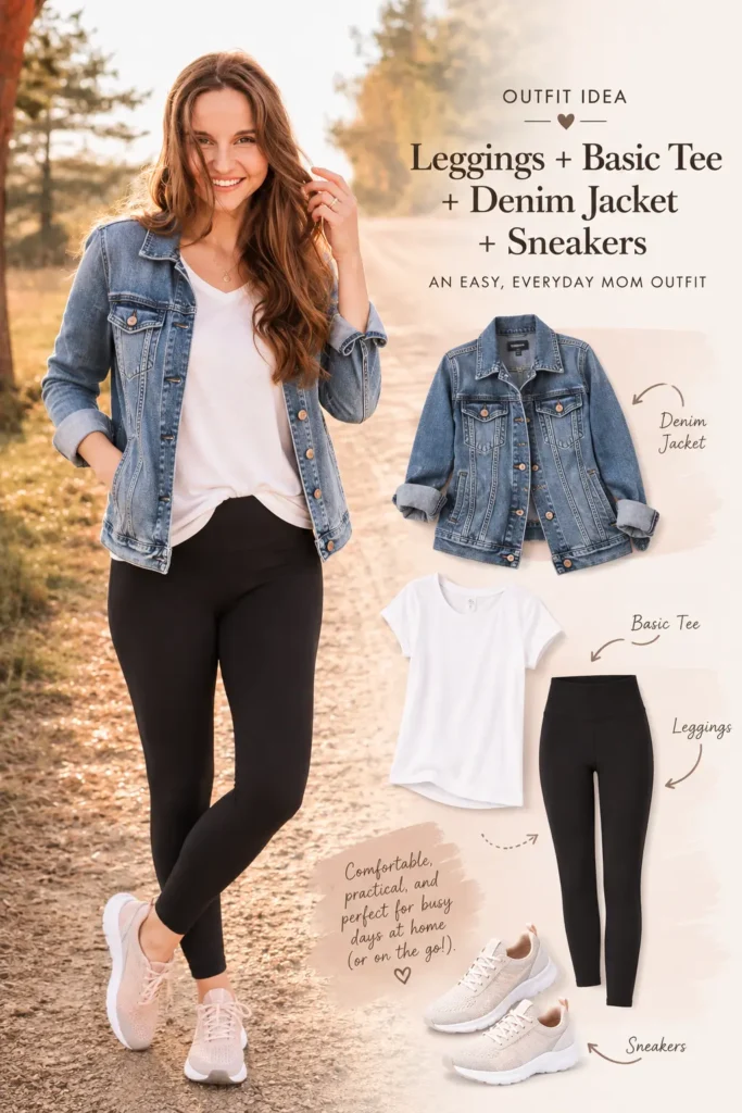 Stay-at-home mom outfit with leggings, basic tee, denim jacket and comfortable sneakers