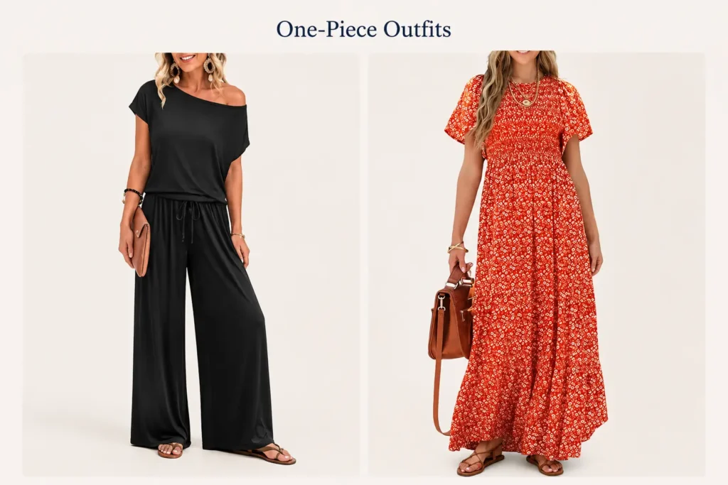 Easy one-piece outfits for stay-at-home moms including a casual maxi dress and comfortable black jumpsuit