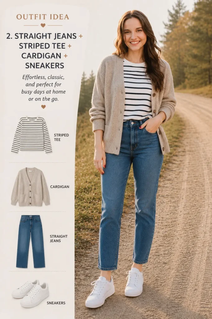 Casual mom outfit with straight jeans, striped tee, cardigan and everyday sneakers