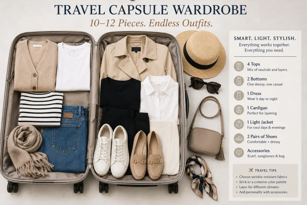 Travel capsule wardrobe packing checklist for women over 60 featuring a neatly packed suitcase with versatile clothing, shoes, and accessories.