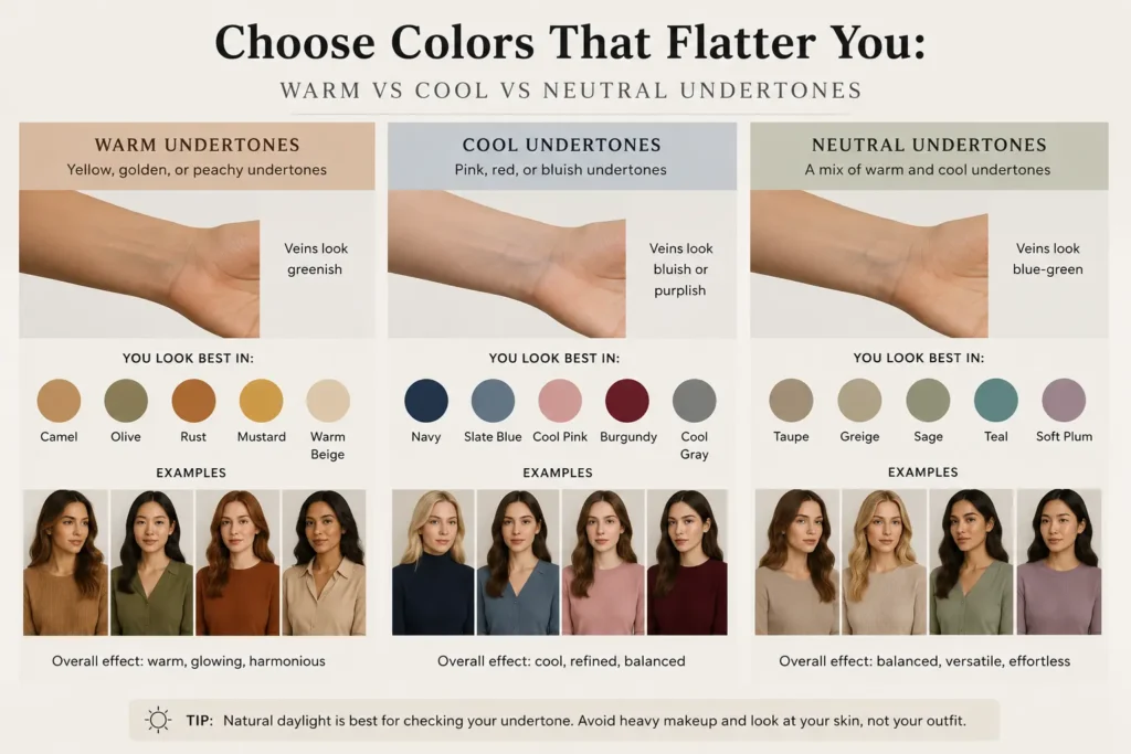 Capsule wardrobe color palette showing how base neutrals, main colors and accent colors work together