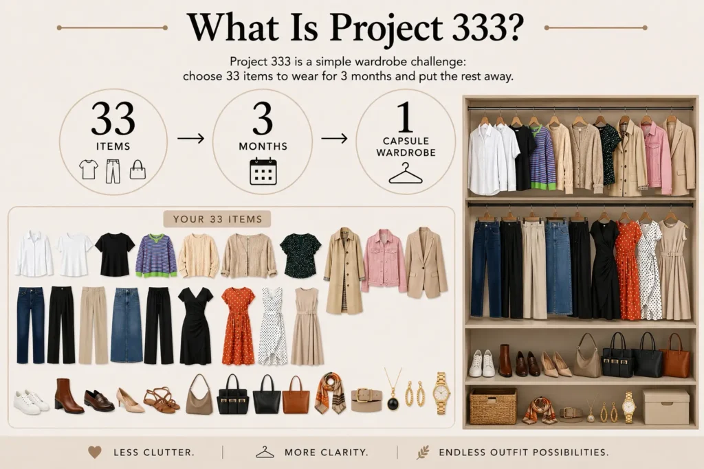 What is Project 333 visual explaining 33 wardrobe items worn for 3 months as one capsule wardrobe