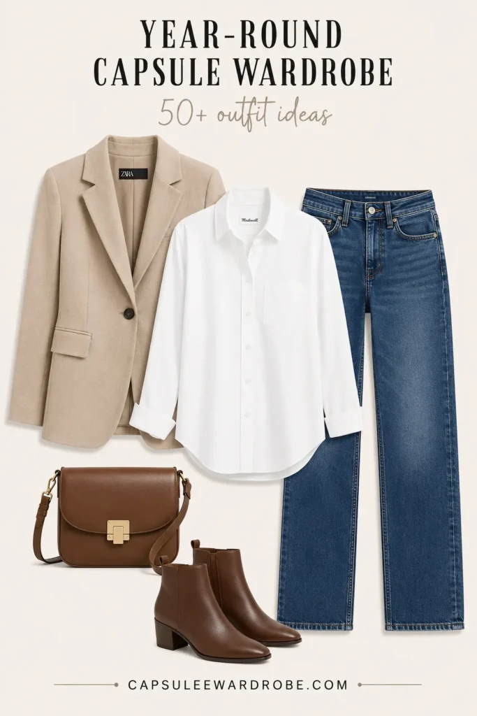 Button-up shirt with jeans, blazer, ankle boots and crossbody bag for a year-round capsule wardrobe