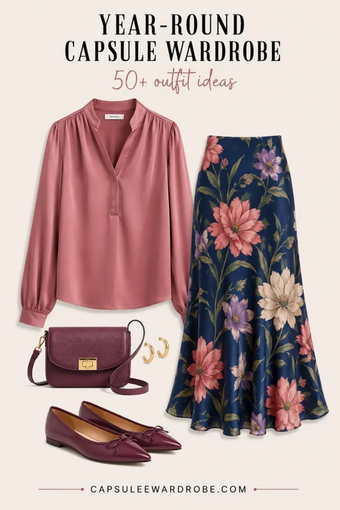 Colorful blouse with floral midi skirt, ballet flats and crossbody bag for a capsule wardrobe