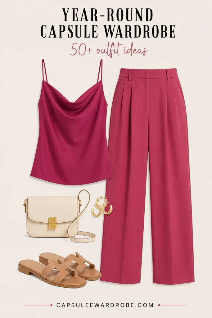 Colorful camisole with tailored trousers, flat sandals and crossbody bag