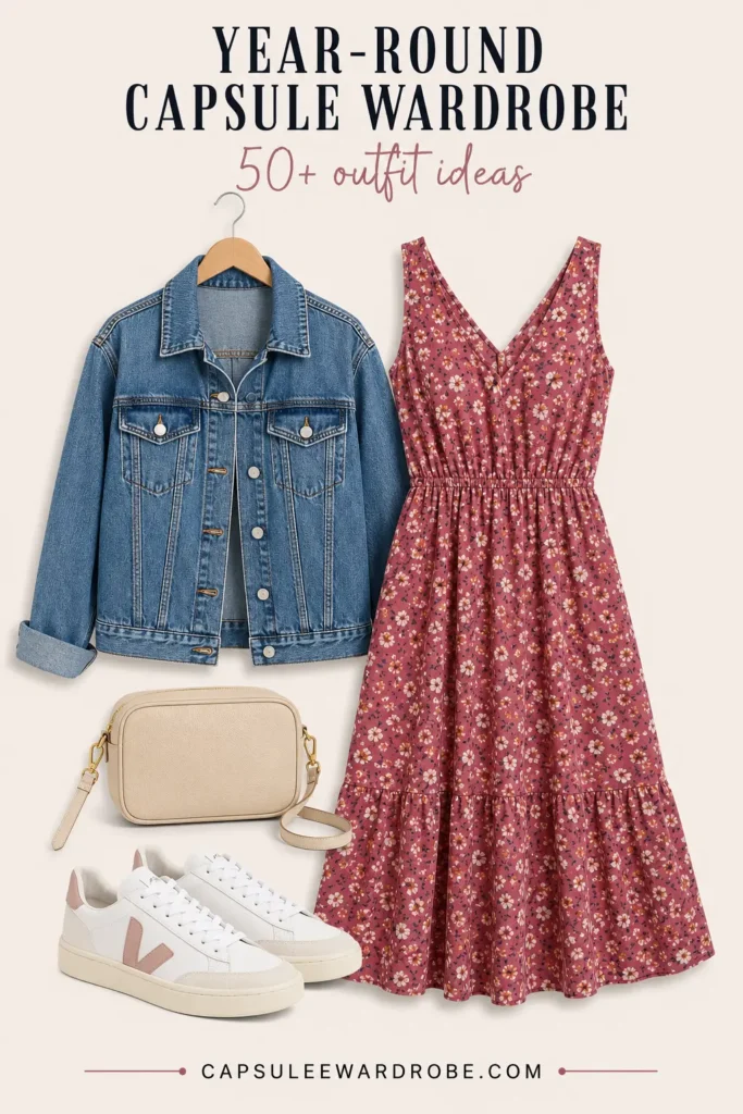 Floral day dress with denim jacket, white sneakers and crossbody bag for a year-round capsule wardrobe