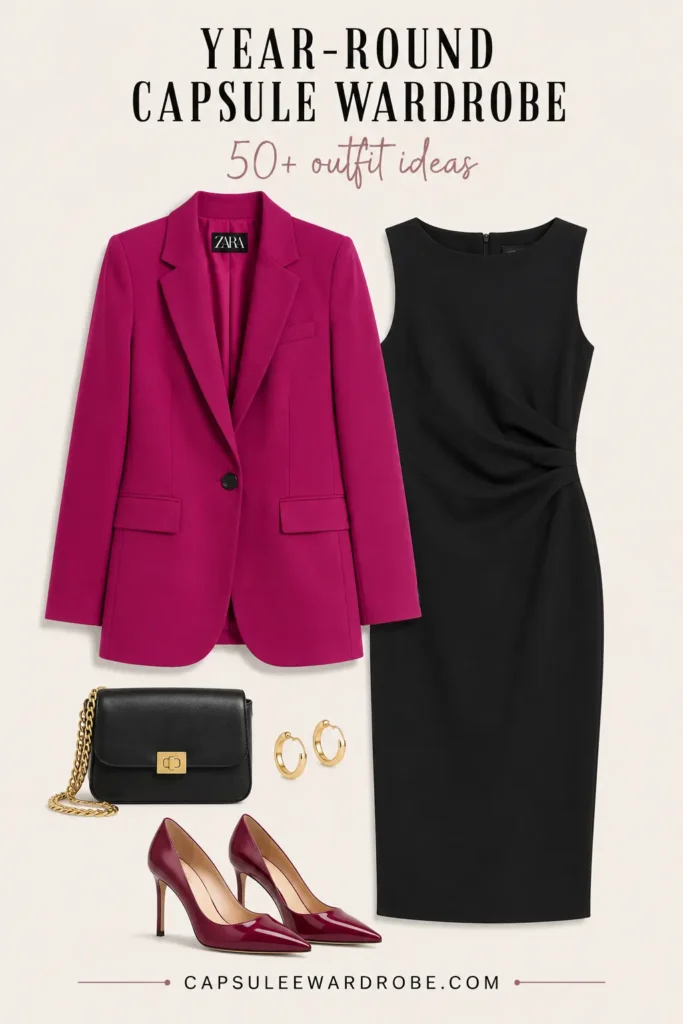 Little black dress styled with a colorful pink blazer, heels and black handbag
