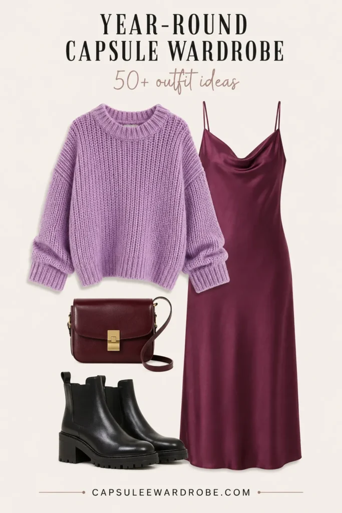 Colorful slip dress styled with a chunky knit sweater, crossbody bag and ankle boots
