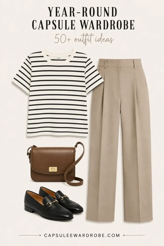 Striped tee with tailored trousers, loafers and crossbody bag for a year-round capsule wardrobe