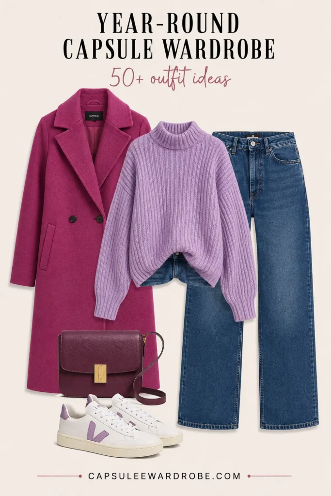 Colorful chunky sweater with jeans, wool coat, sneakers and crossbody bag