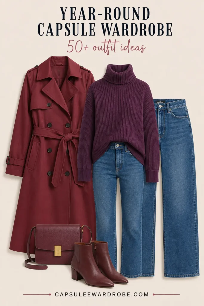 Turtleneck with straight-leg jeans, colorful trench coat, ankle boots and crossbody bag