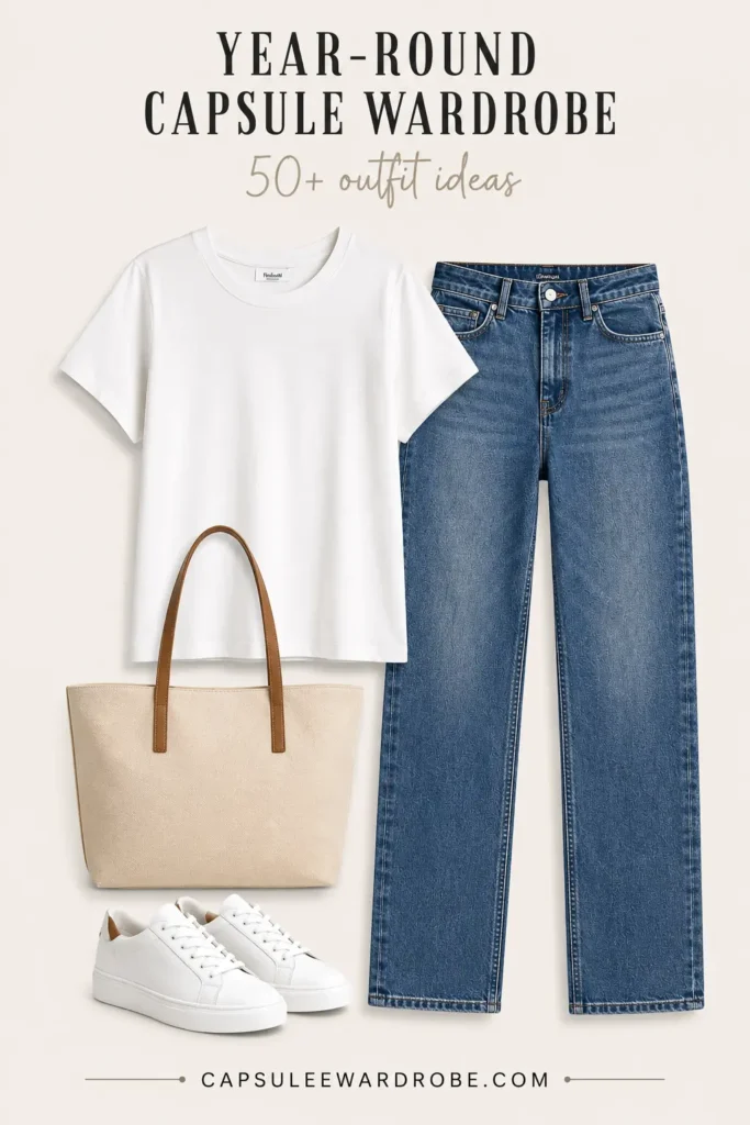 Year-round capsule wardrobe outfit with white tee, straight-leg jeans, white sneakers and tote bag