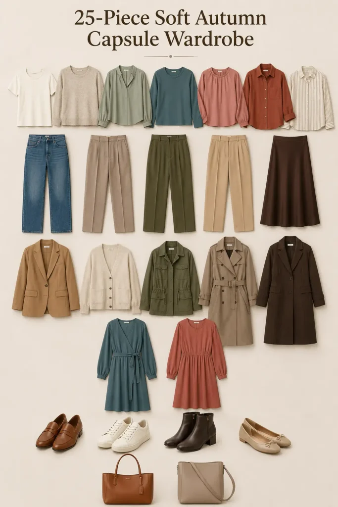 25-piece Soft Autumn capsule wardrobe with warm neutrals, muted earthy colors, clothing, shoes and accessories