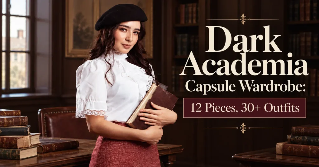 Dark Academia capsule wardrobe featuring a woman in a vintage library with 12 essential pieces and 30+ outfit ideas